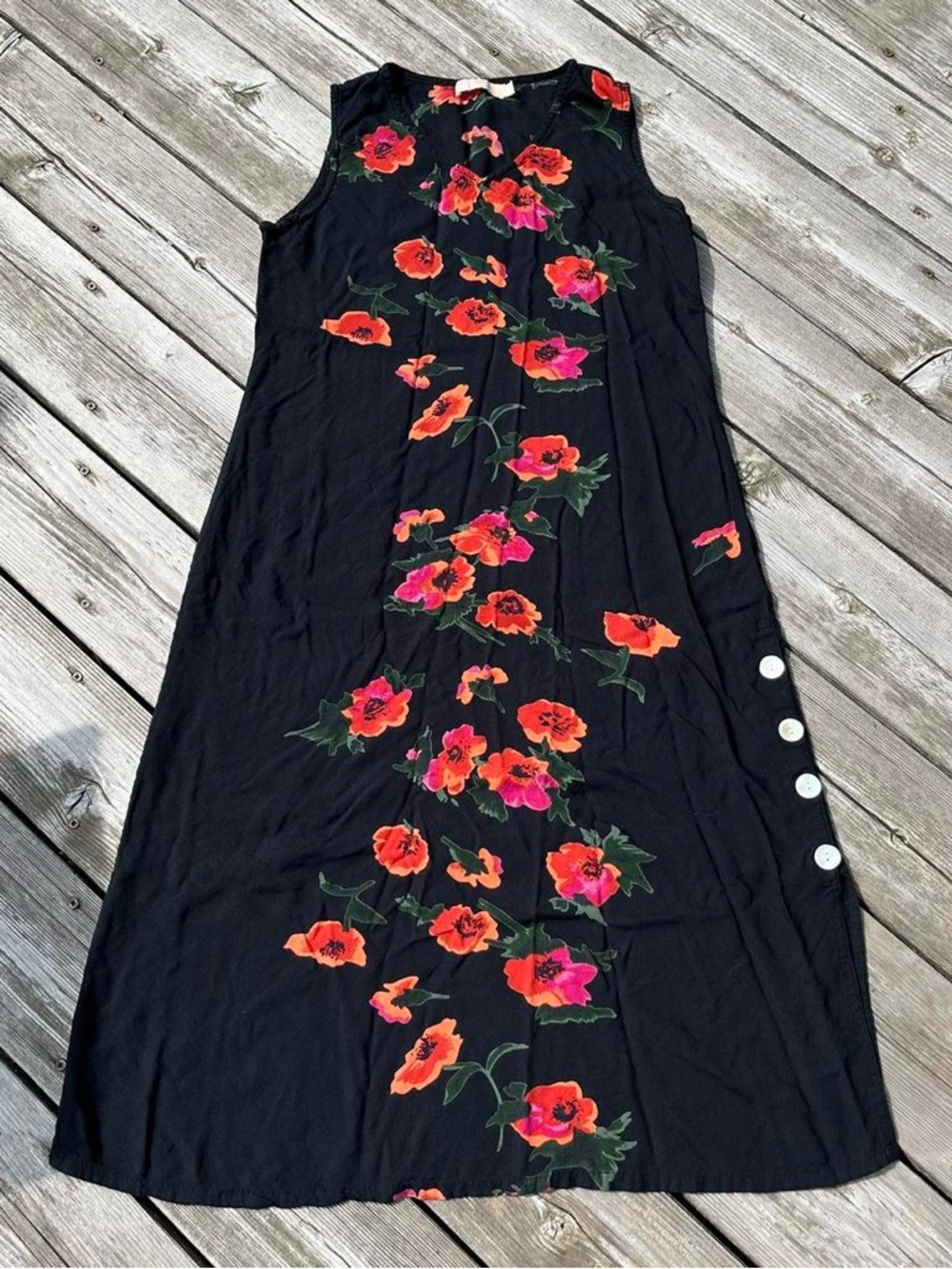 La Cera black + pink floral print sleeveless midi dress